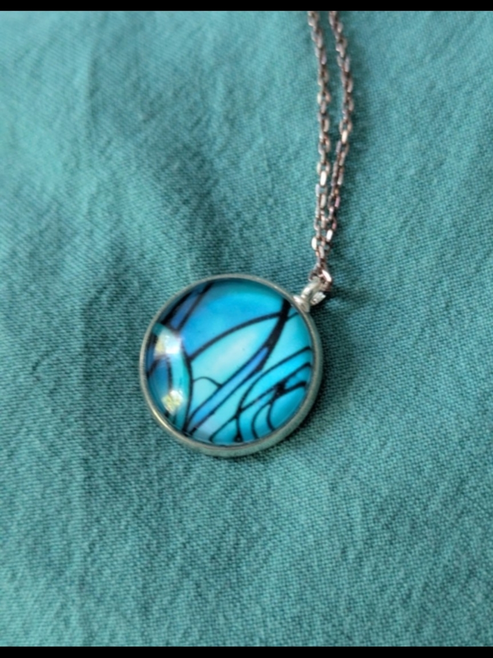Silver Necklace with Blue Art Glass Pendant Handmade Abstract Never Worn